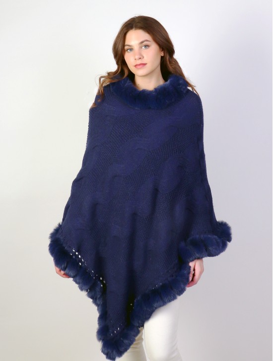 Solid Color Knitted Poncho W/ Fur Collar & Trim